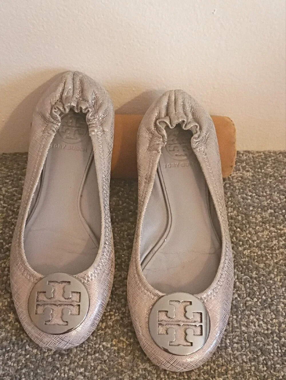 Tory Burch Metallic Silver Logo Ballet Flats - Women's